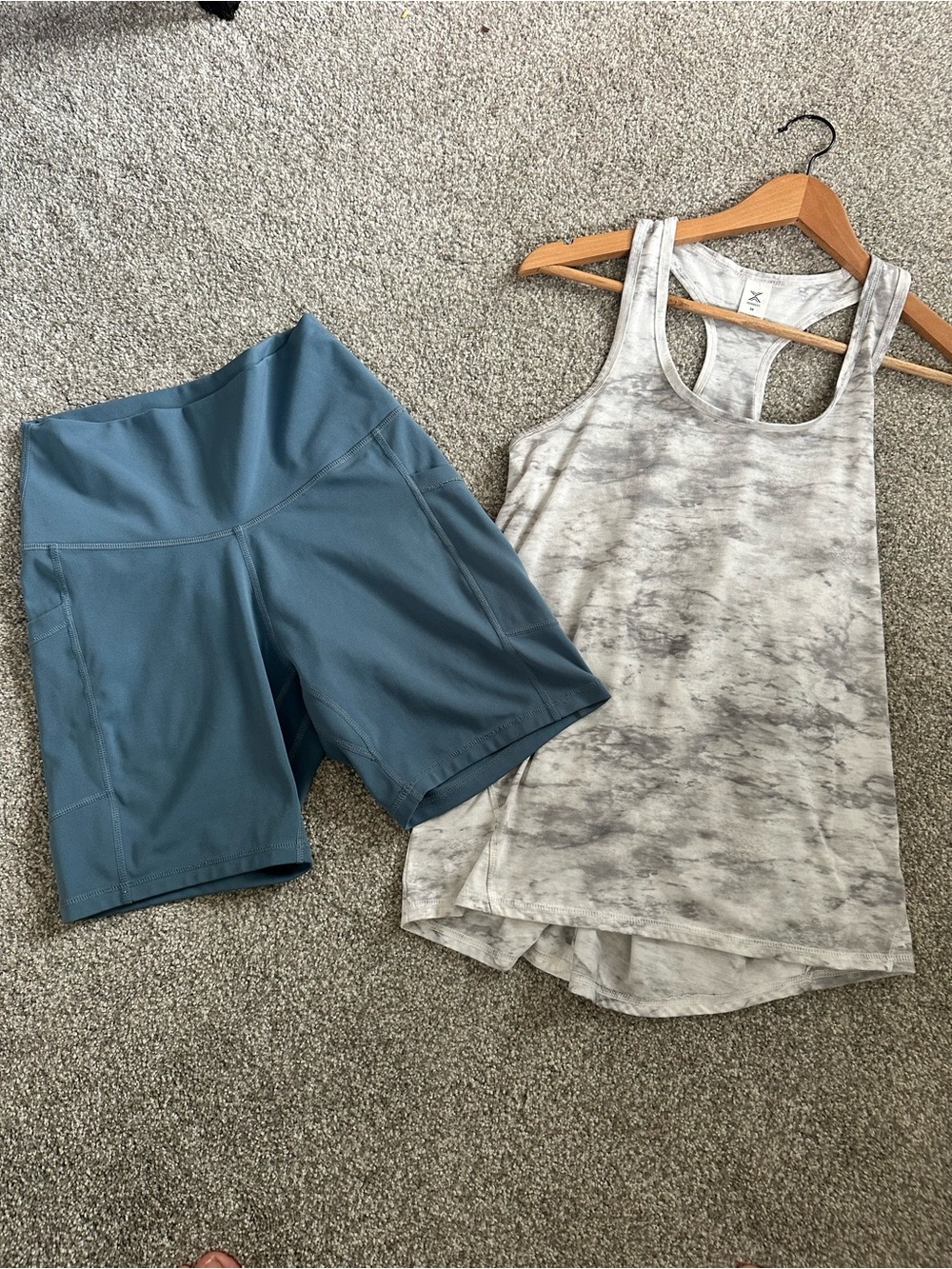 Women's Athletic Biker Shorts and Tank Duo - Steal Blue and Grey Tie-Dye Size M